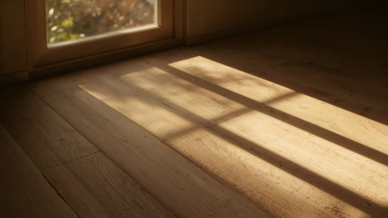 Streaming sunlight casting grid shadow of window muntins on plank floor, softening as leaves move