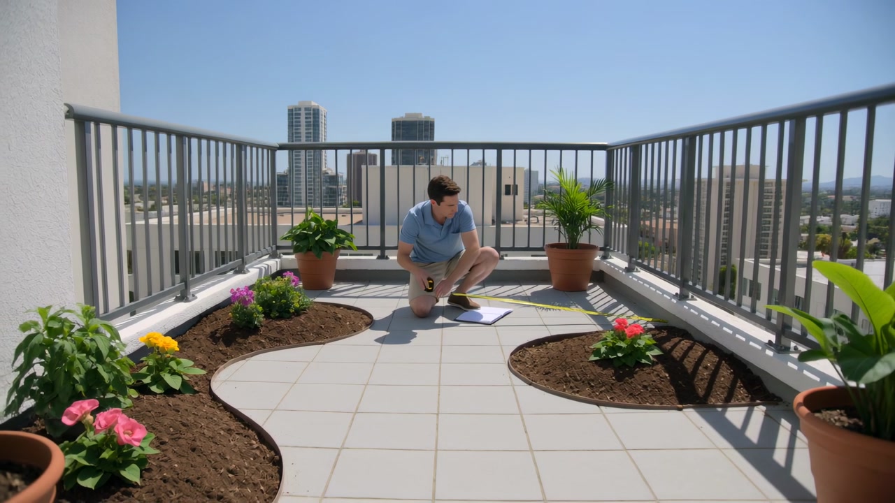 Arriving man in blue polo kneeling, measuring rooftop terrace, extending tape, noting on clipboard