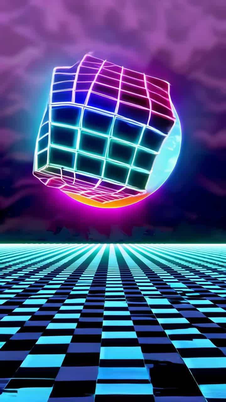 Retro Futuristic Cyberpunk Landscape with a Floating Cube