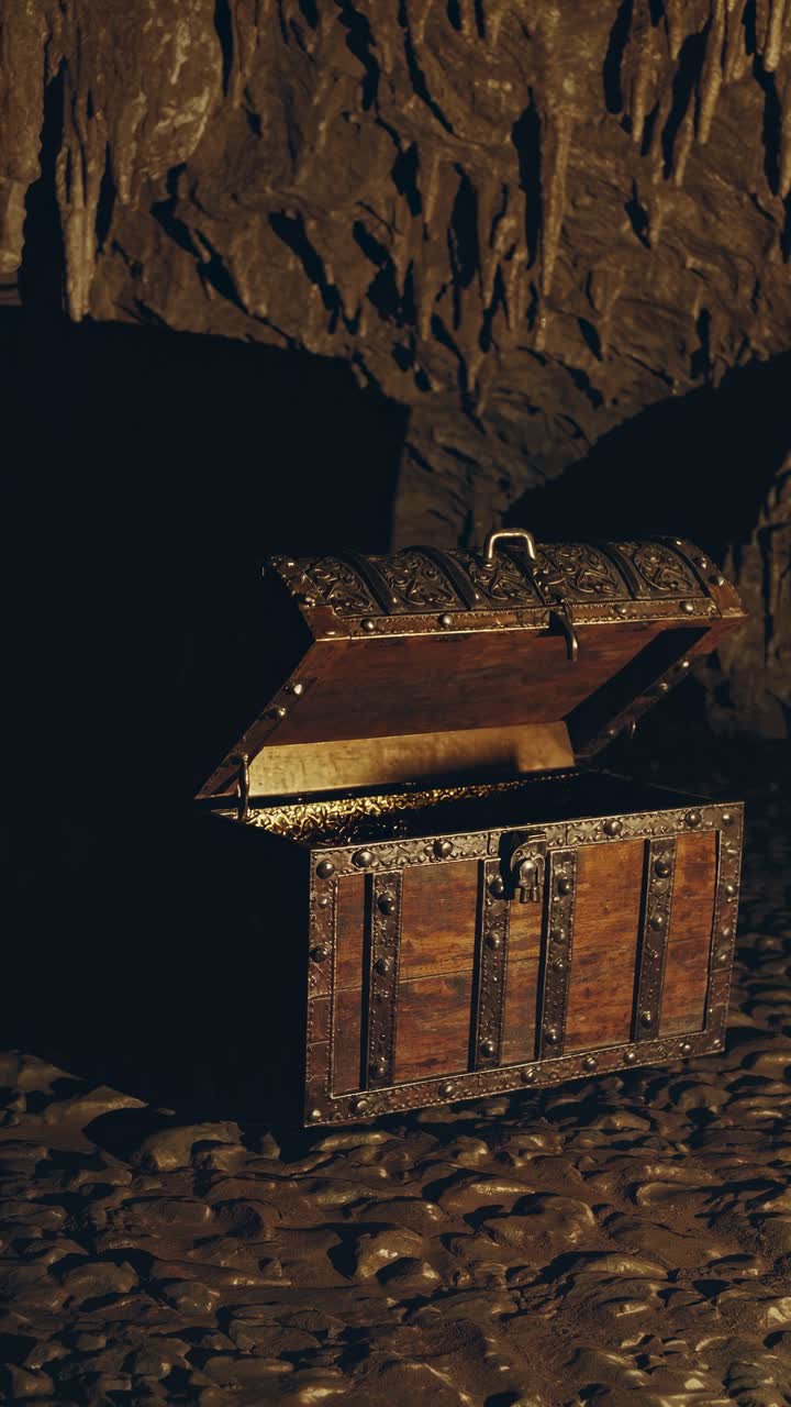 Low-angle video shot of an open treasure chest in a dimly lit cave, highlighting the chest's rustic