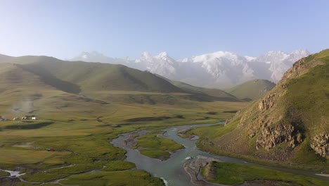 wide drone shot of a yurt campsite near the kurumduk river in kyrgyzstan, rotating aerial shot