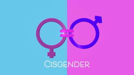 Animation-of-text-cisgender,-male-and-female-gender-symbols-joined-by-equals-sign,-on-pink-and-blue