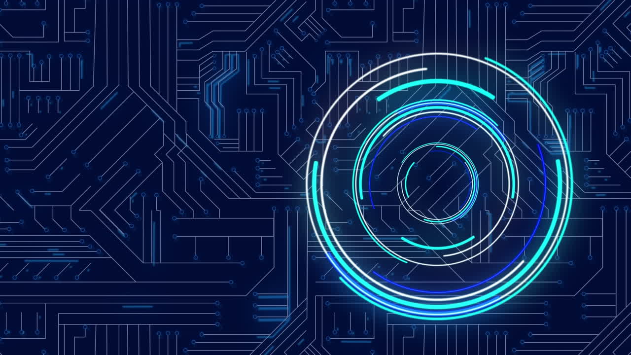 Animation of illuminated circles over circuit board pattern against blue background