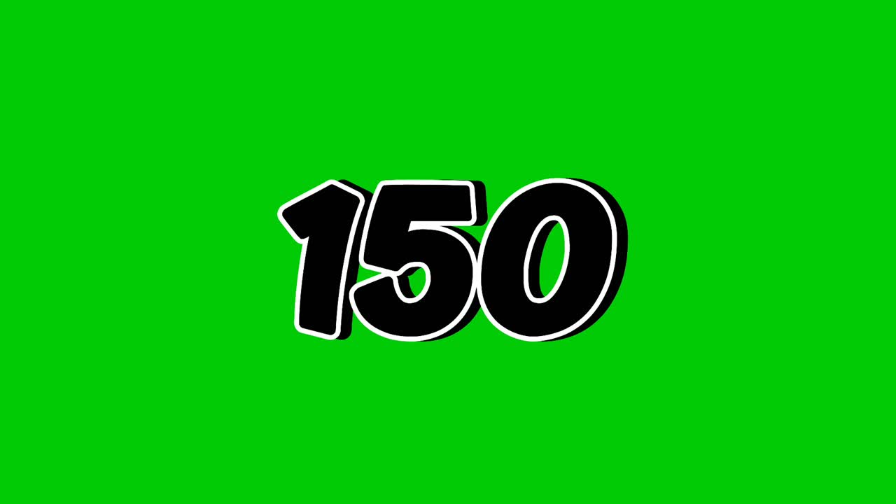 Number 150 symbol sign animation motion graphics cartoon on green screen background. Black color number reveal on smoke,for video number for video elements