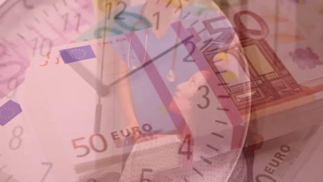 animation of clock ticking over euro currency bills and pregnant woman with female doctor