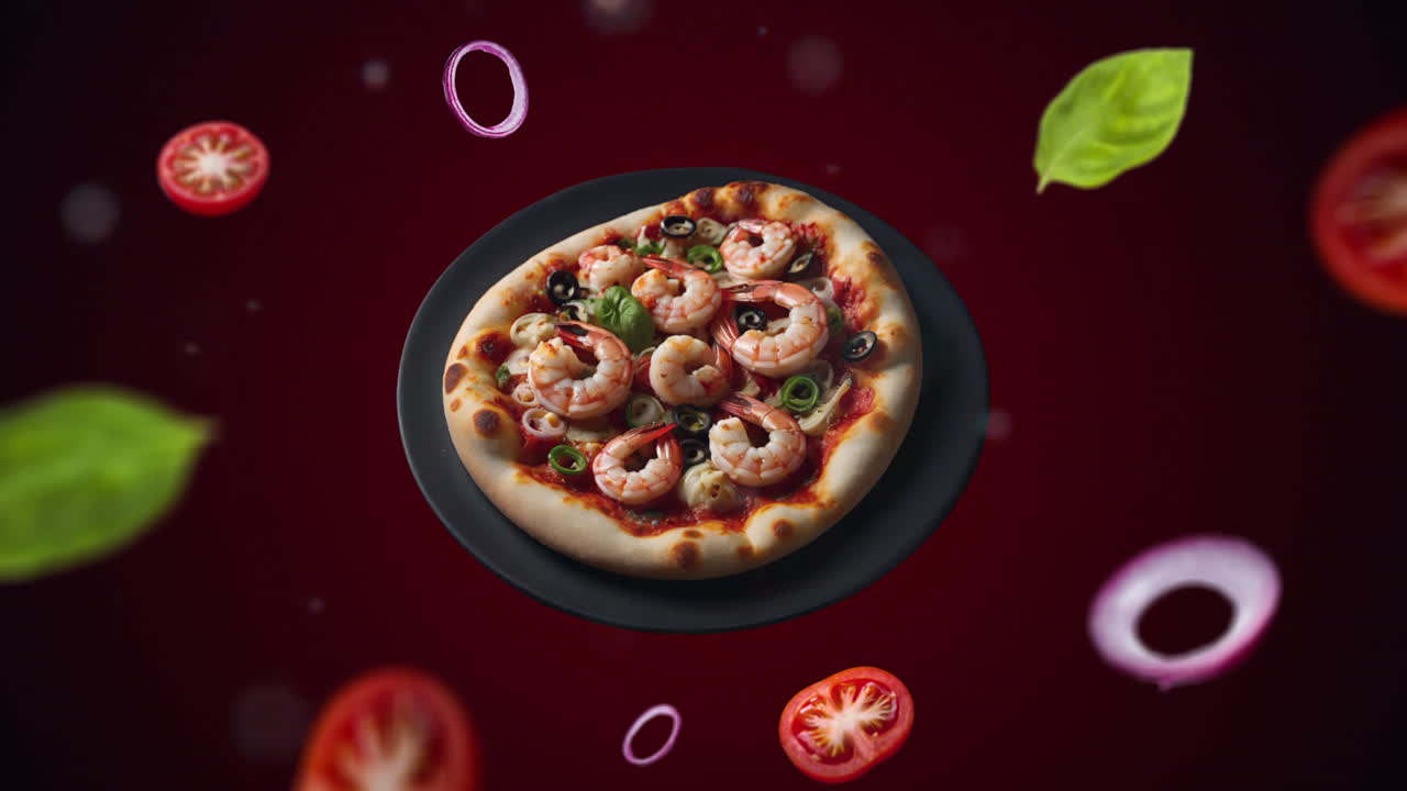 Neapolitan Shrimp pizza on a plate Animation intro for advertising or marketing of restaurants with the ingredients of the dish flying in the air - price tag or sale