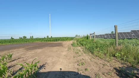 pov while driving in reverse along a dirt lane between a muddy corn field and a solar array