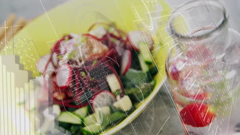 fresh salad and infused water with data processing animation overlay