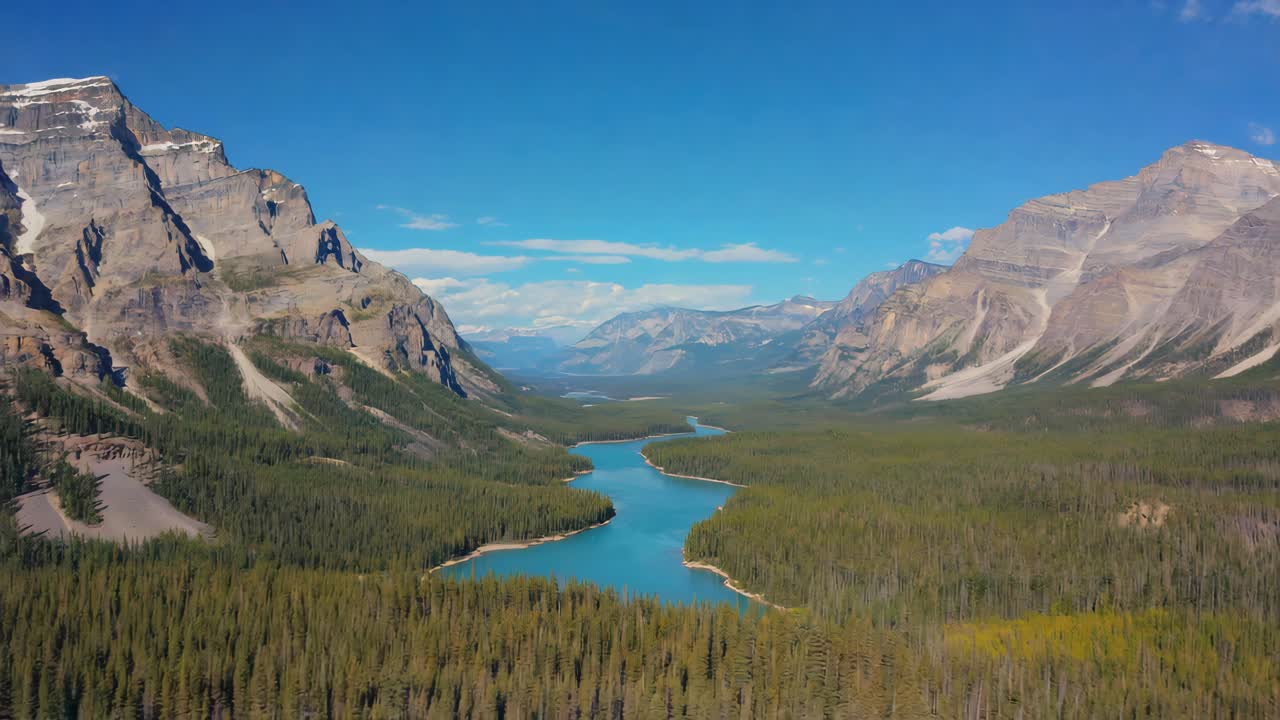 Panoramic View of a Turquoise Lake Winding Through a Forested Mountain Valley