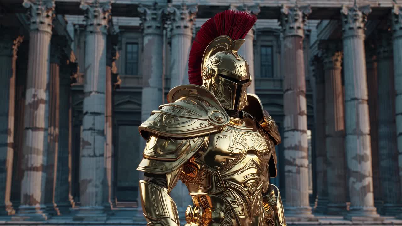 A low-angle video still of a golden armored warrior in front of ancient columns