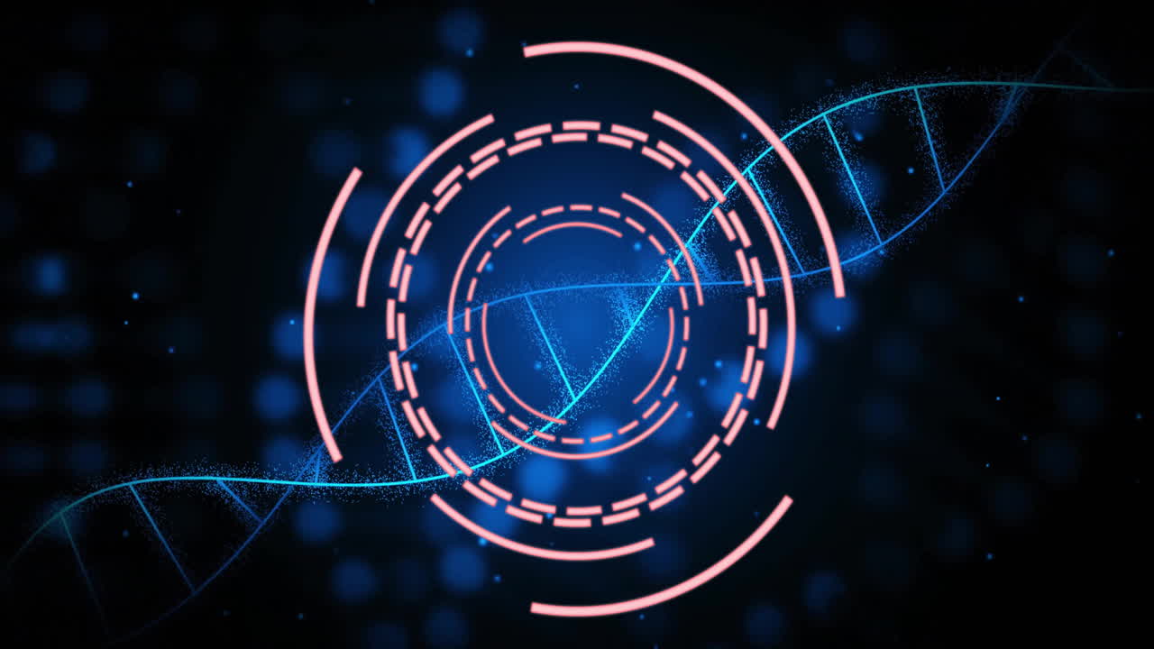 Showing glowing DNA helix running diagonally through bokeh interface, intersecting pink circles