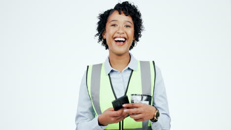 Ingenieurin,-Telefon-Und-Gesicht-Im-Studio