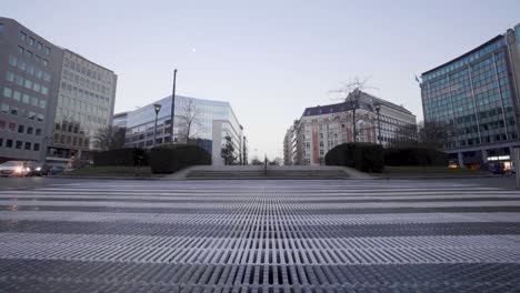 Wide-skyline-view-of-Shuman-square-next-to-the-European-Institutions-in-Brussels,-Belgium