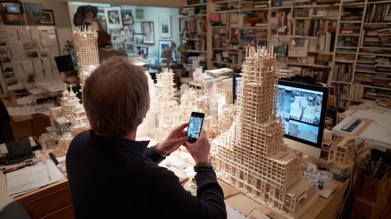 Modeling Mastery: An Architect Captures His Intricate Wooden Cityscape with a Smartphone Amidst His Collection of Architectural Designs