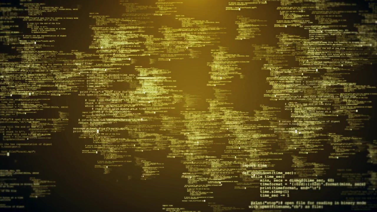 4k programming code running over computer screen terminal computer virtual space program development