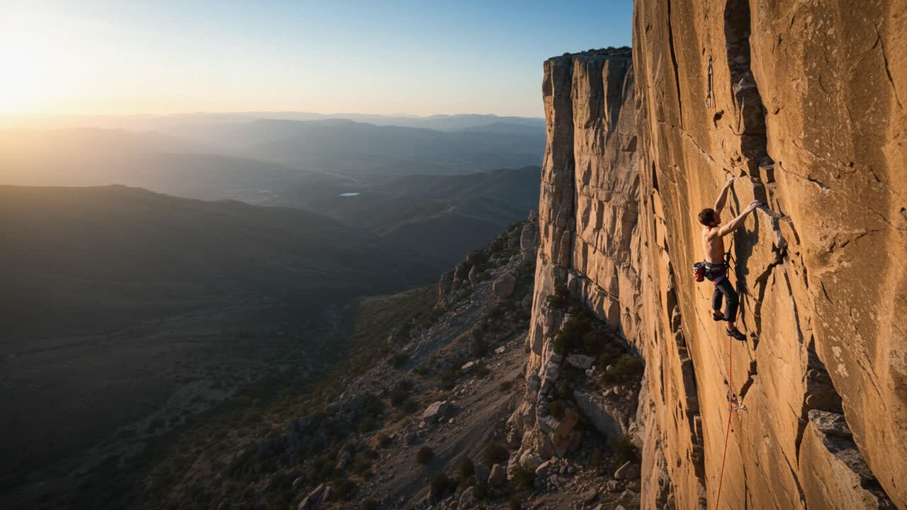 Climber Ascending a Rocky Mountain Face at Sunset