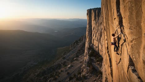 climber ascending a rocky mountain face at sunset