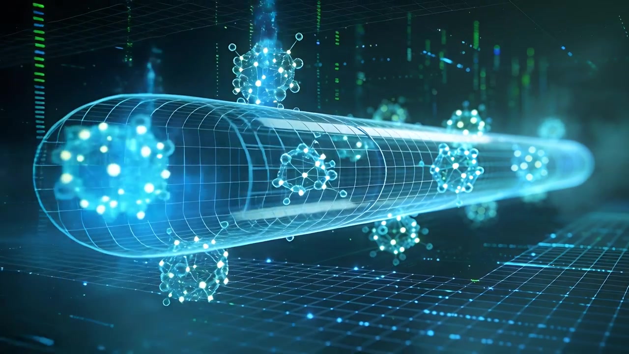 Telecamera panoramica che rivela un tubo luminoso che si muove su una griglia nello spazio dati, con cluster che si allineano per entrare