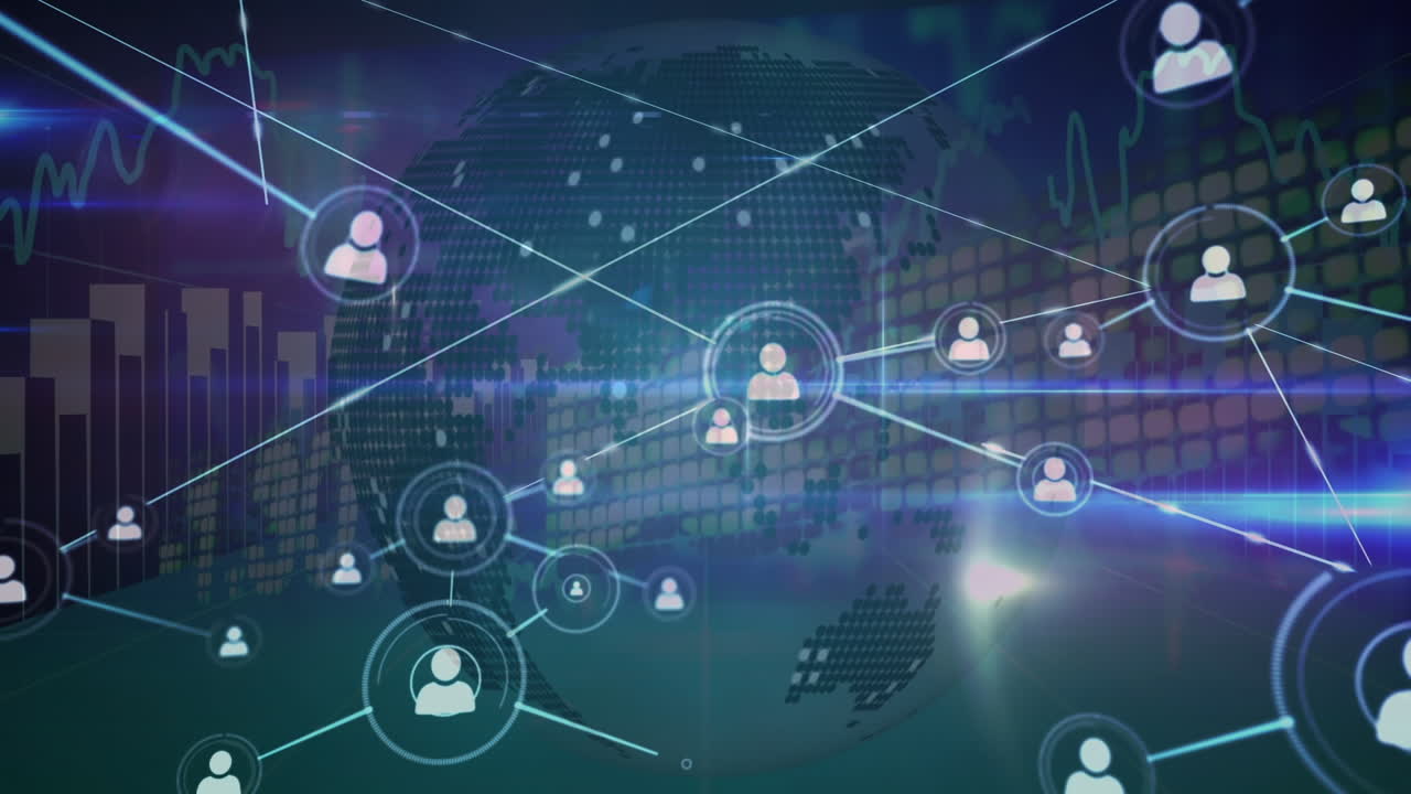 Animation of network of connections with icons over dark background