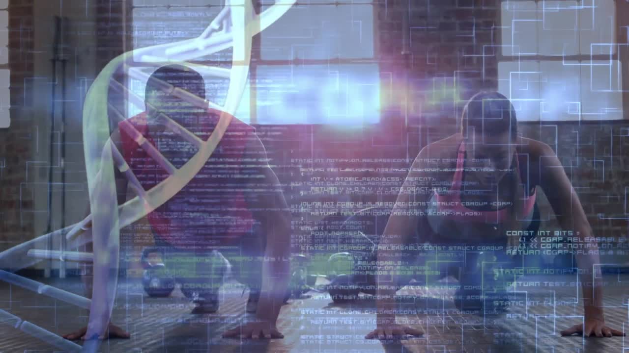 procesamiento de datos médicos contra una pareja de raza mixta que realiza ejercicios de flexión en el gimnasio