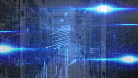 Animation of data processing and lights over servers