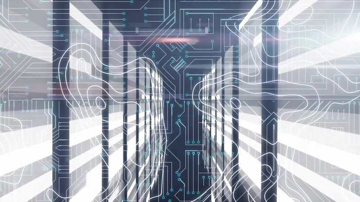 Digital Data Center Corridor with Artificial Intelligence Circuitry Overlay