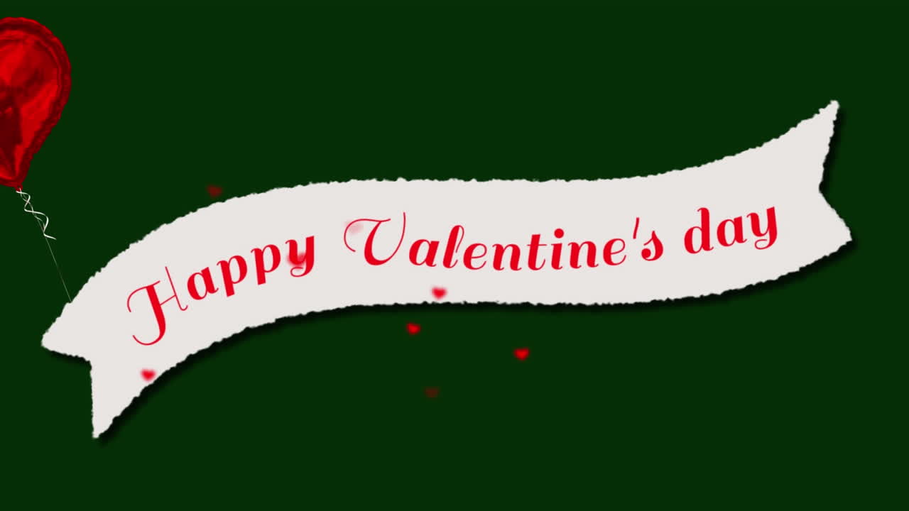 Animation of white ribbon with happy valentine's day text, heart shape balloon on green background