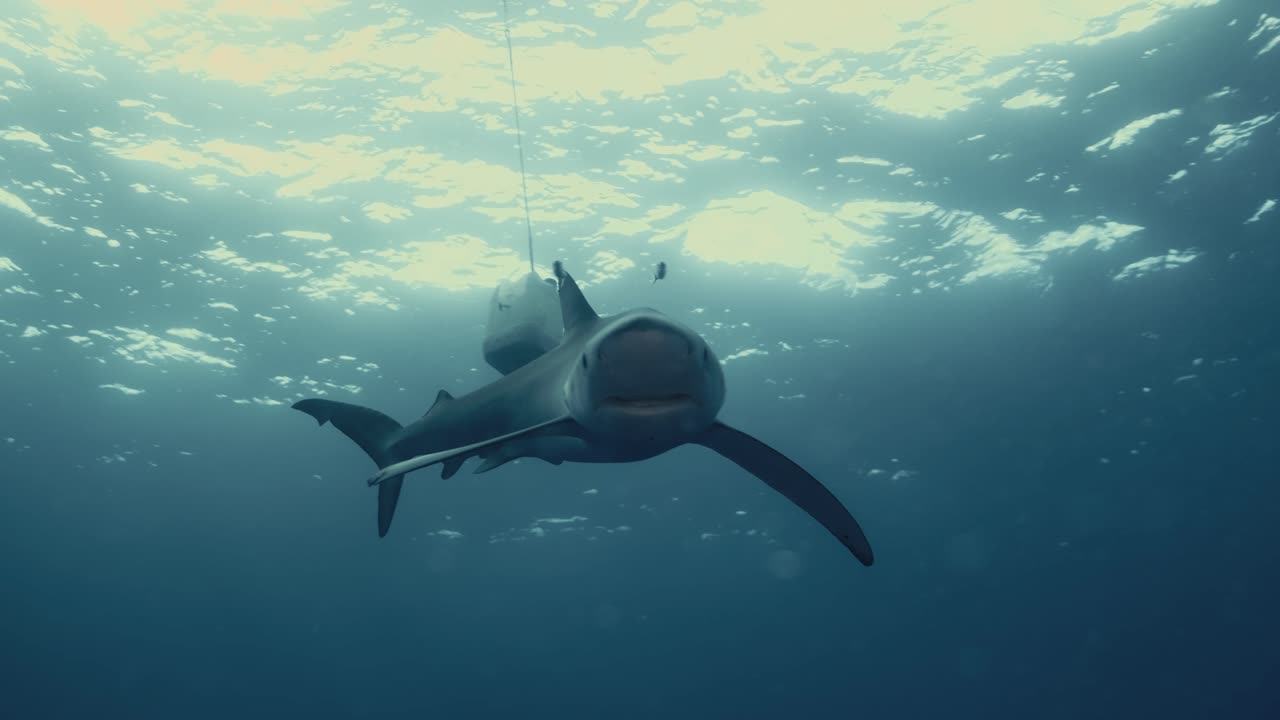 Blue Shark swimming towards diver during shark diving in the Atlantic ocean in 4k slow motion