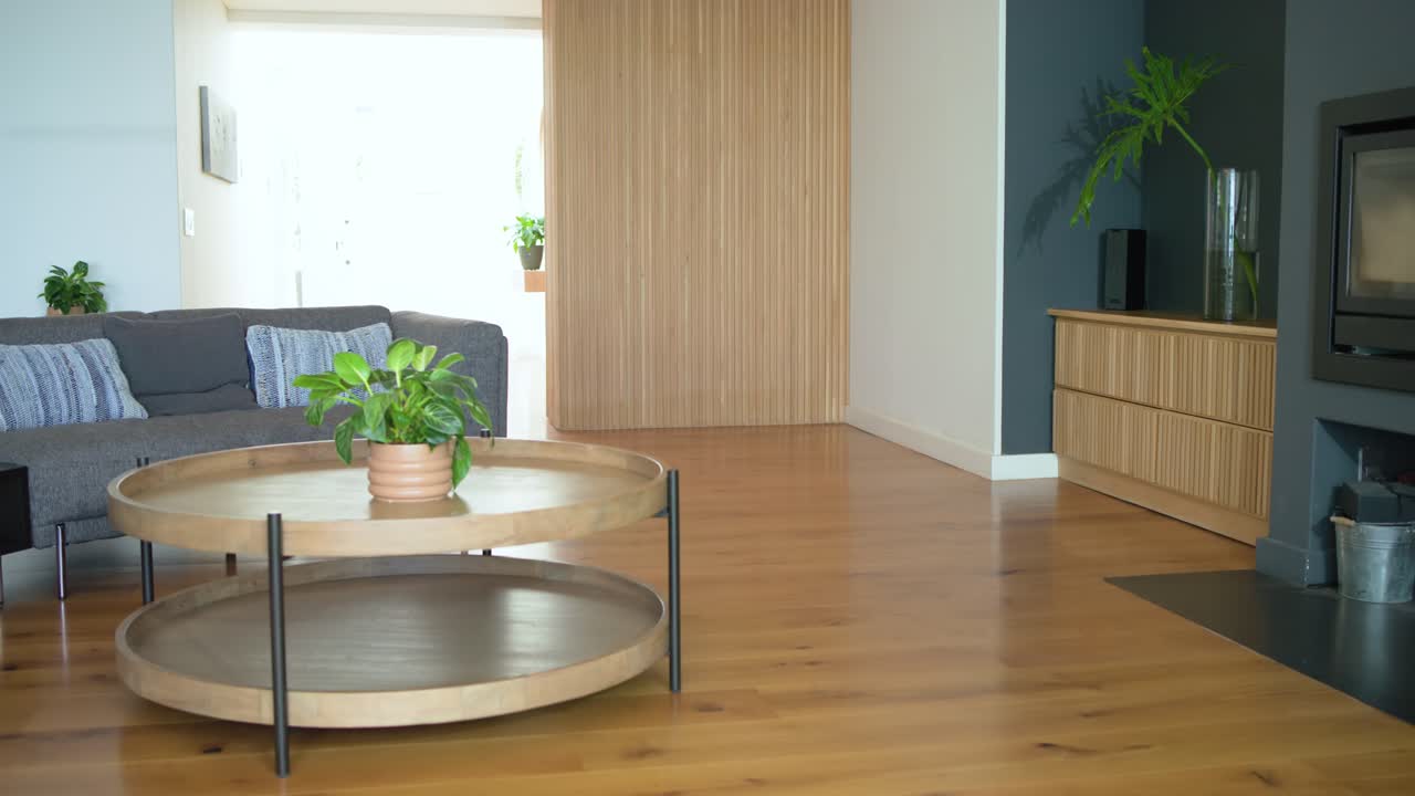 Camera is starting recording living room scene showcasing coffee table and sofa under natural light