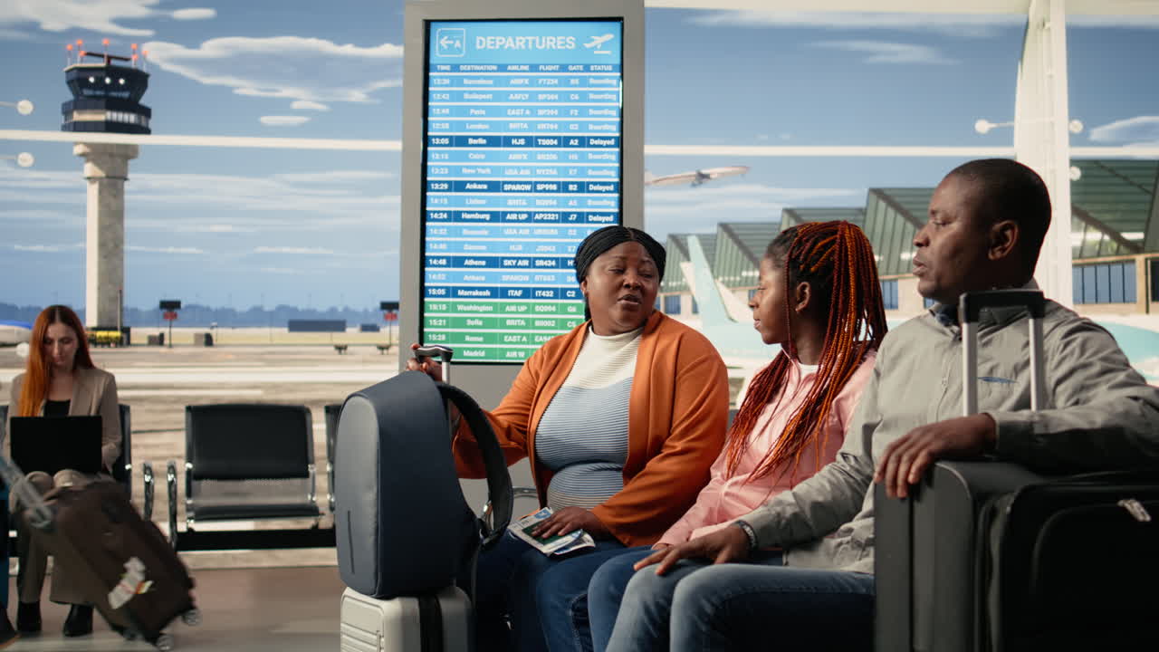 Parents and teenage daughter traveling together on vacation by plane