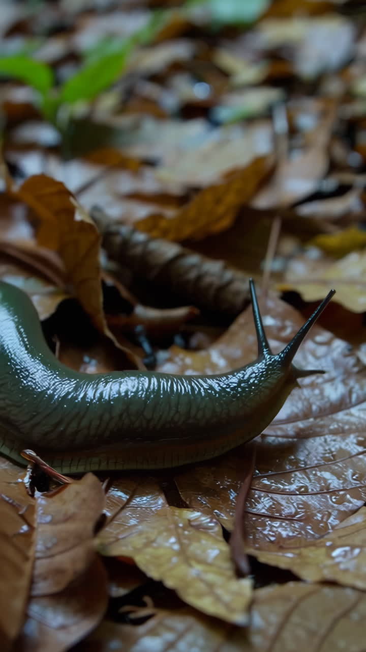 Slug on Wet Autumn Leaves