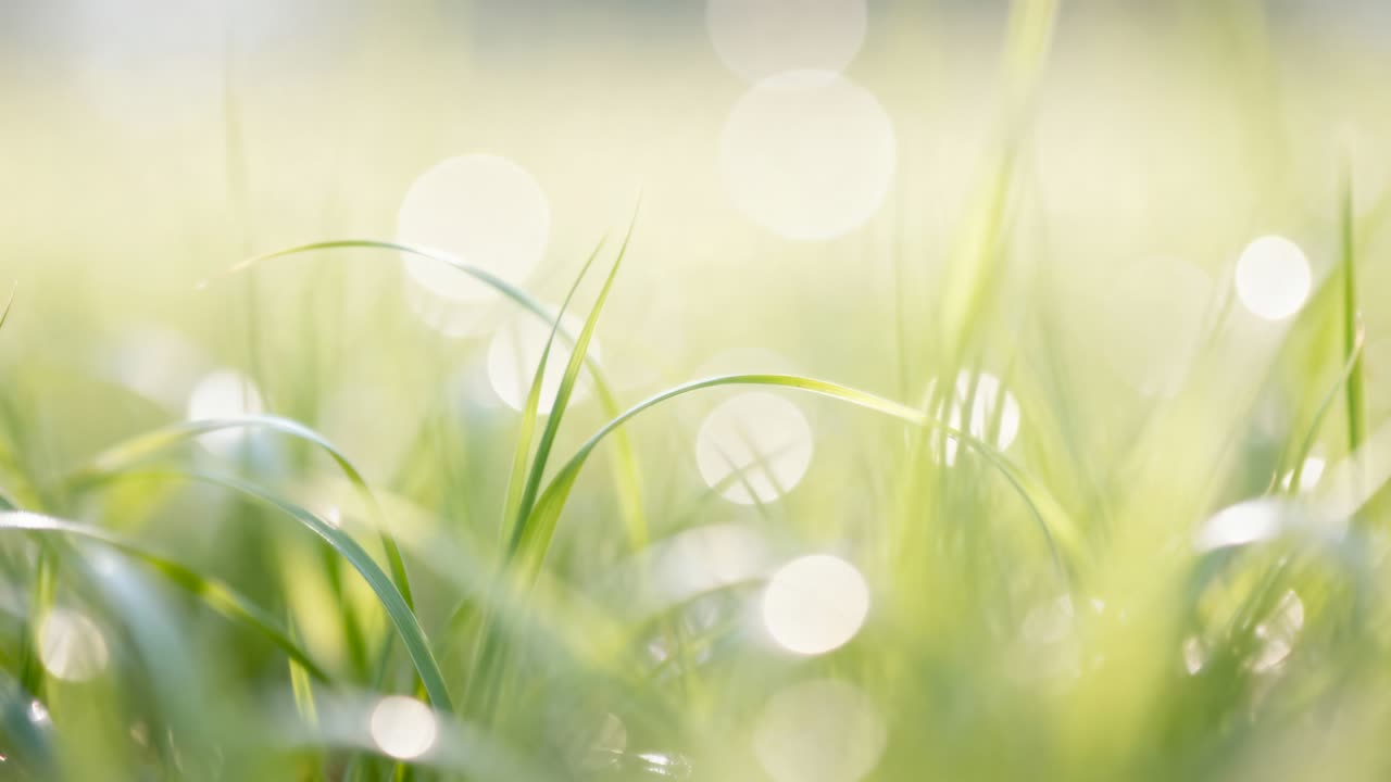 地面すれすれの高さで、朝のそよ風に揺れる緑の草の葉。ボケた光のハイライトが見える。