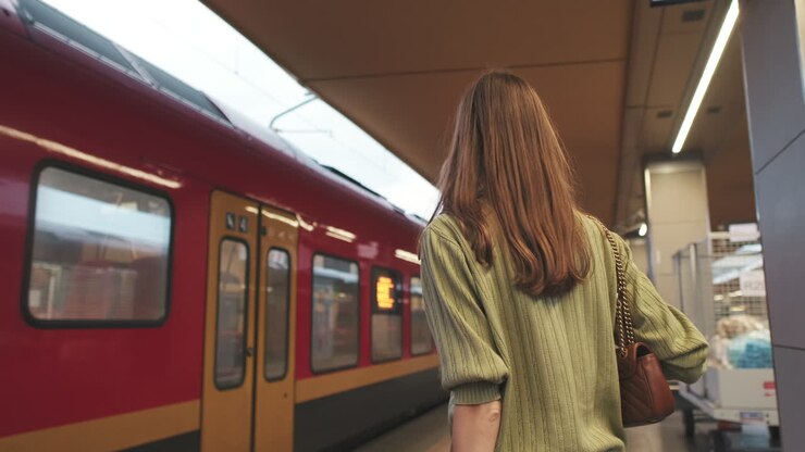 Young Woman Waiting and Walking on Train Platform