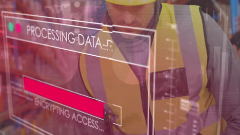 animación del procesamiento de datos sobre un trabajador masculino caucásico en un almacén
