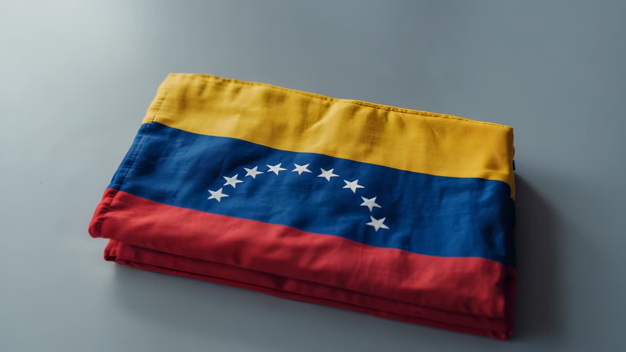 Cámara inicial que revela una bandera venezolana doblada sobre una mesa gris, mostrando las costuras y el arco de estrellas