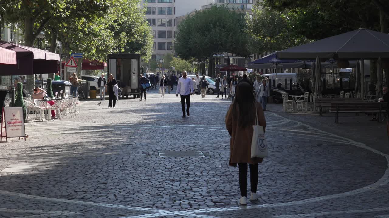 A bustling pedestrian street scene in a European city