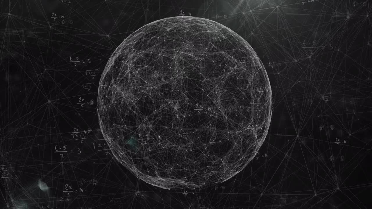 검은색 배경에 회전하는 지구와 수학 공식의 애니메이션