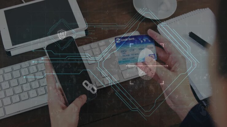Digital security interface against person holding smartphone and credit card