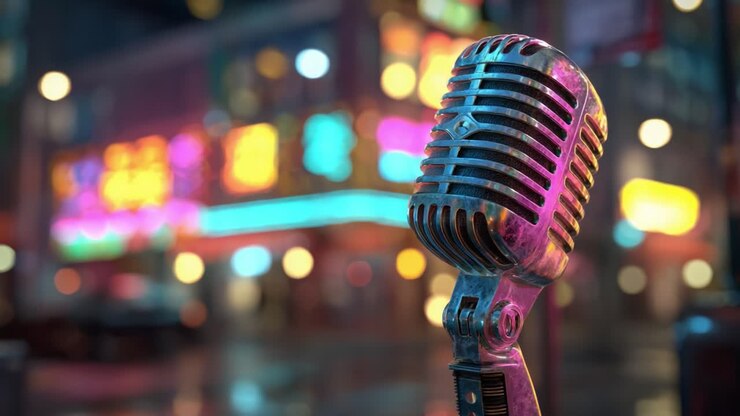 Un microfono vintage cattura l'essenza di un'esibizione sullo sfondo di una scena notturna urbana illuminata, a dimostrazione di arte ed espressione nella cultura musicale
