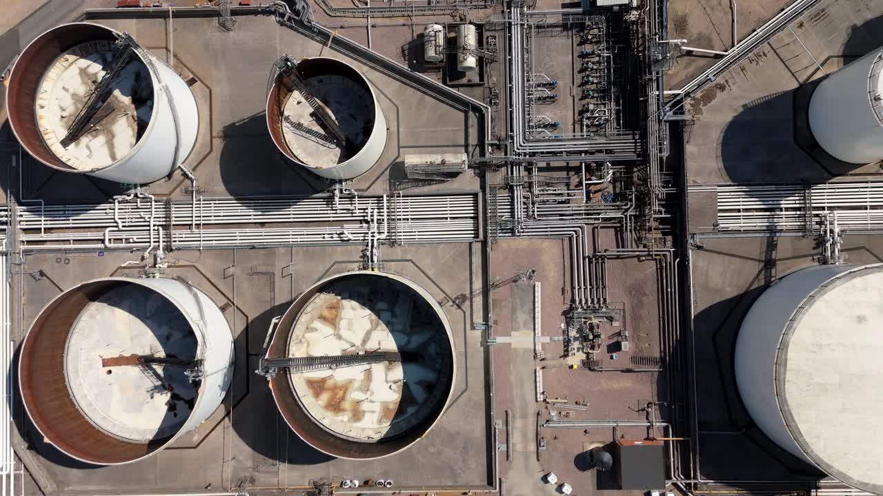 High resolution drone video of fuel silos, chemical plant and energy infrastructure in Kingsbury England UK with petroleum diesel and gas storage
