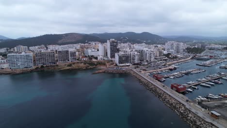 Densely-populated-town-of-Sant-Antoni-de-Portman-in-Ibiza,-Spain