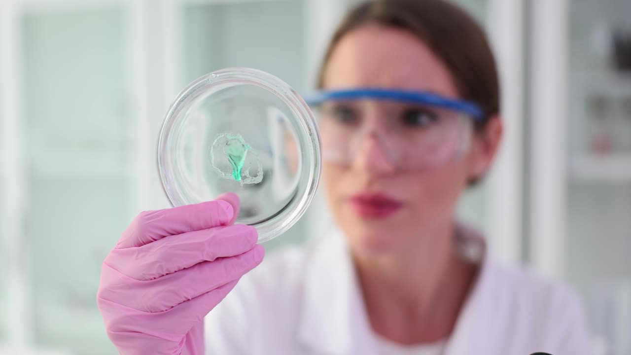 Scientist examining petri dish in lab