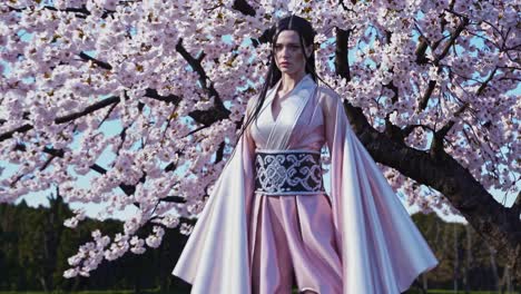 woman in traditional japanese kimono under cherry blossoms