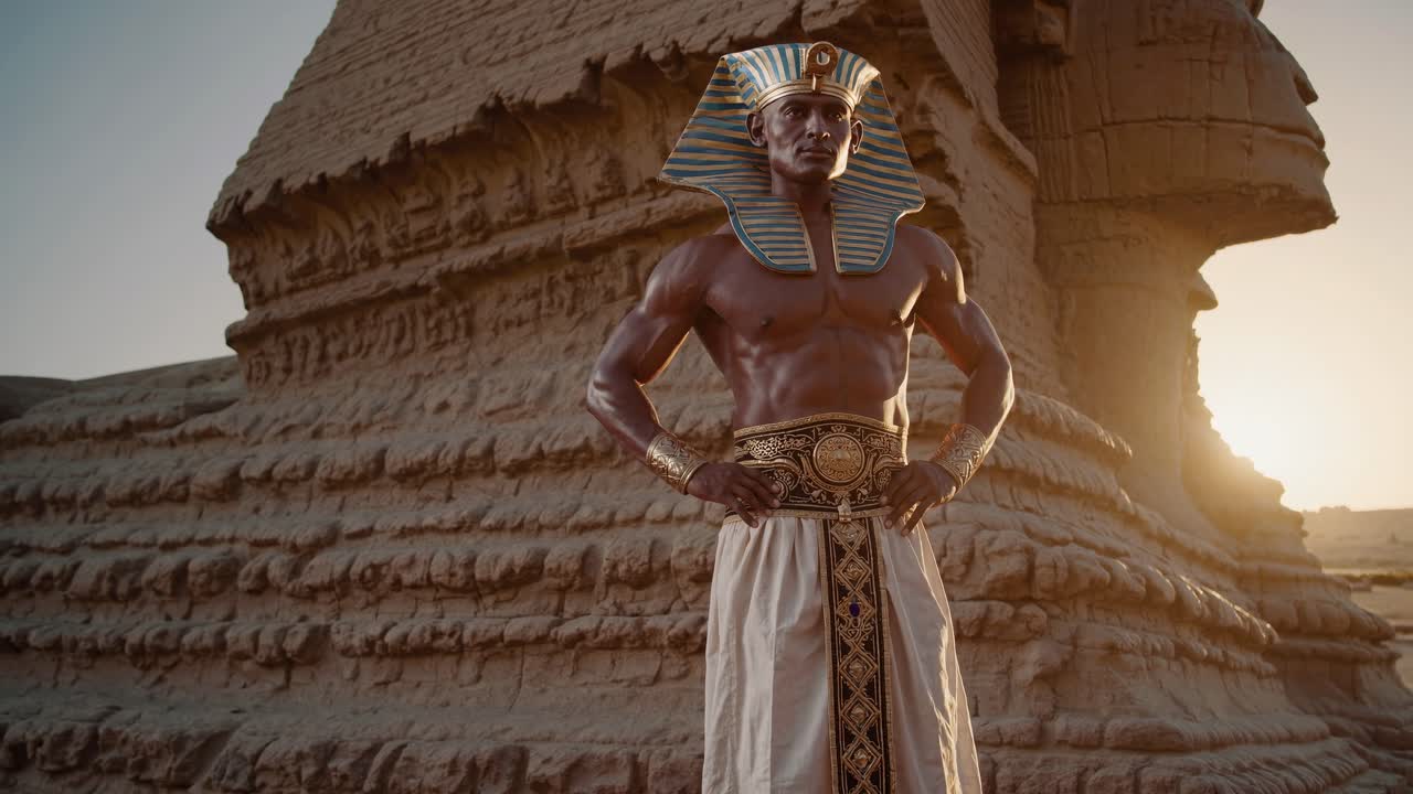 A video still of a pharaoh in traditional attire, standing confidently before a pyramid