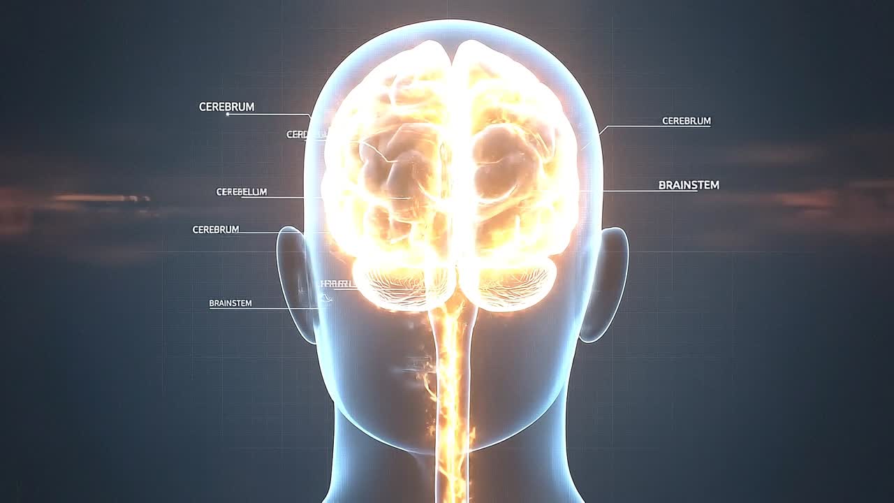 Sideprofil av et menneskehode med opplyste hjerneområder og interne nevrale baner i en futuristisk medisinsk skanningvisualisering