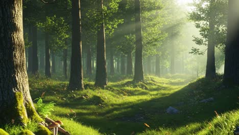 a tranquil forest path invites adventurers to explore its lush greenery and towering trees. sunlight streams through the branches, creating a beautiful play of light and shadow on the ground. soft moss carpets the earth, while colorful mushrooms peek through the grass alongside wildflowers. this ser