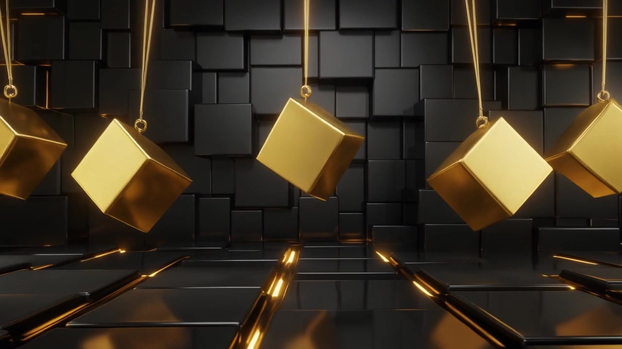 Golden Cubes Swinging Like a Pendulum Against a Dark Geometric Background