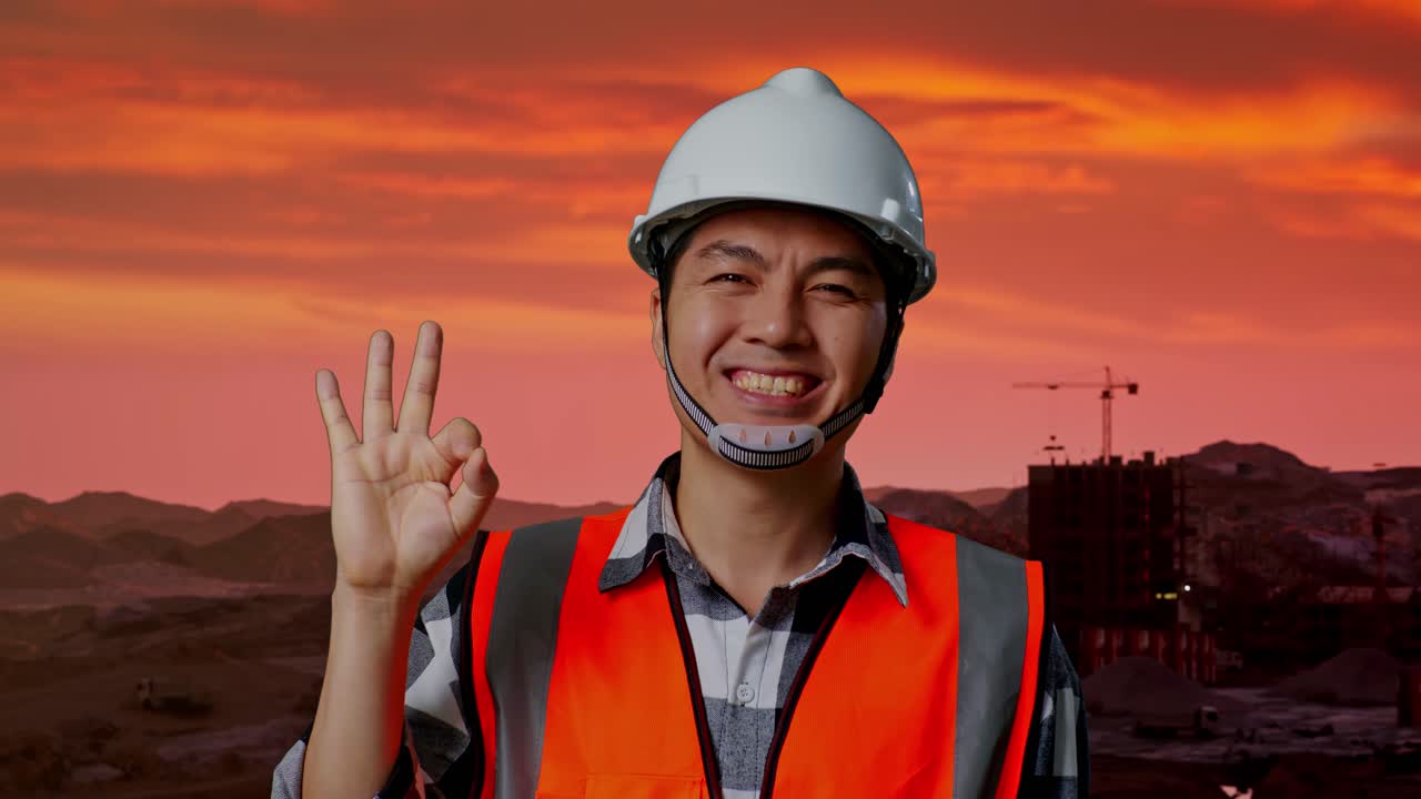 안전 헬을 입은 아시아 남성 엔지니어가 웃으며 건설 현장, 광산 기계에 서있는 동안 카메라에 은 몸짓을 보여주고 있습니다.