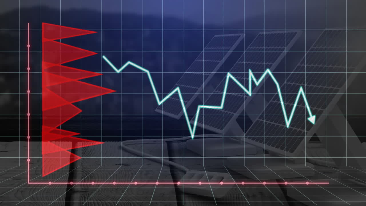 gráfico financiero con animación de líneas rojas y azules sobre paneles solares de fondo