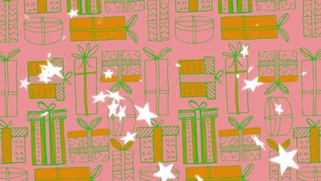 animation of christmas gifts pattern over falling stars on pink background